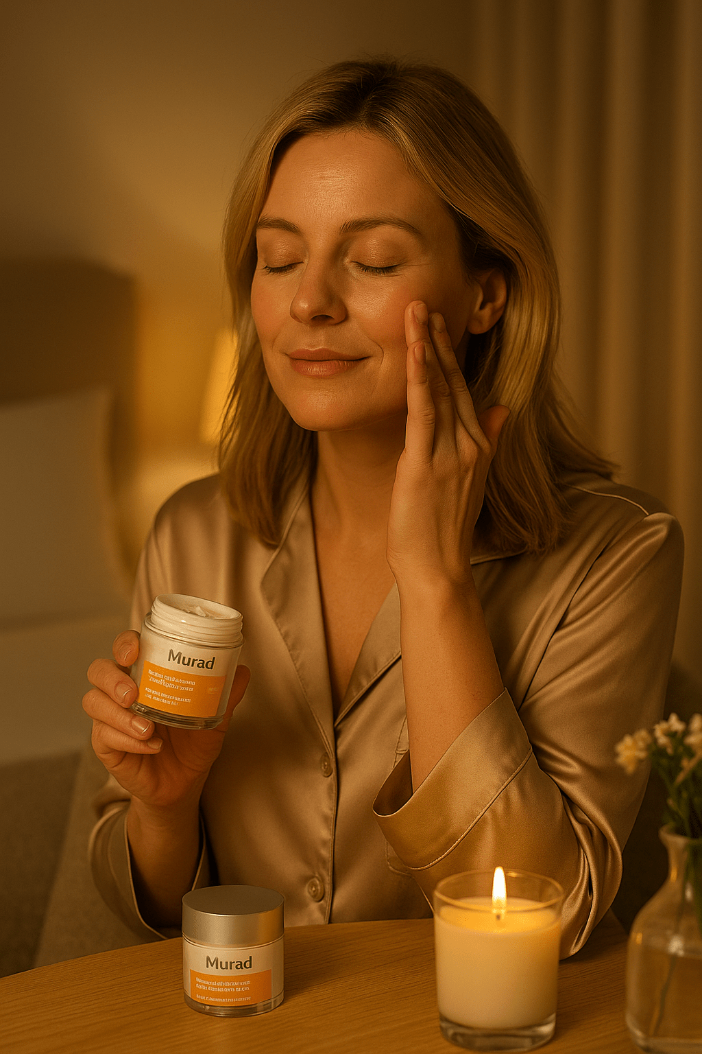 γυναίκα βάζει αντηλιακό για λιπαρό δέρμα σε ρομαντικό φόντο.