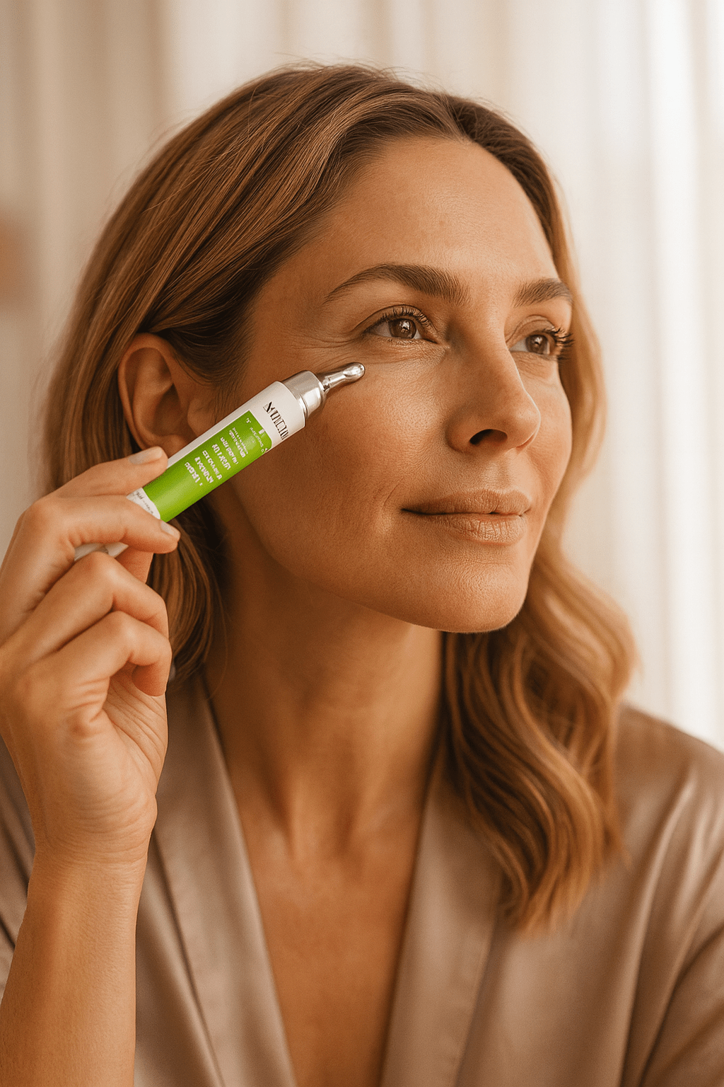 γυναίκα βάζει κρέμα για τις ρυτίδες έκφρασης.