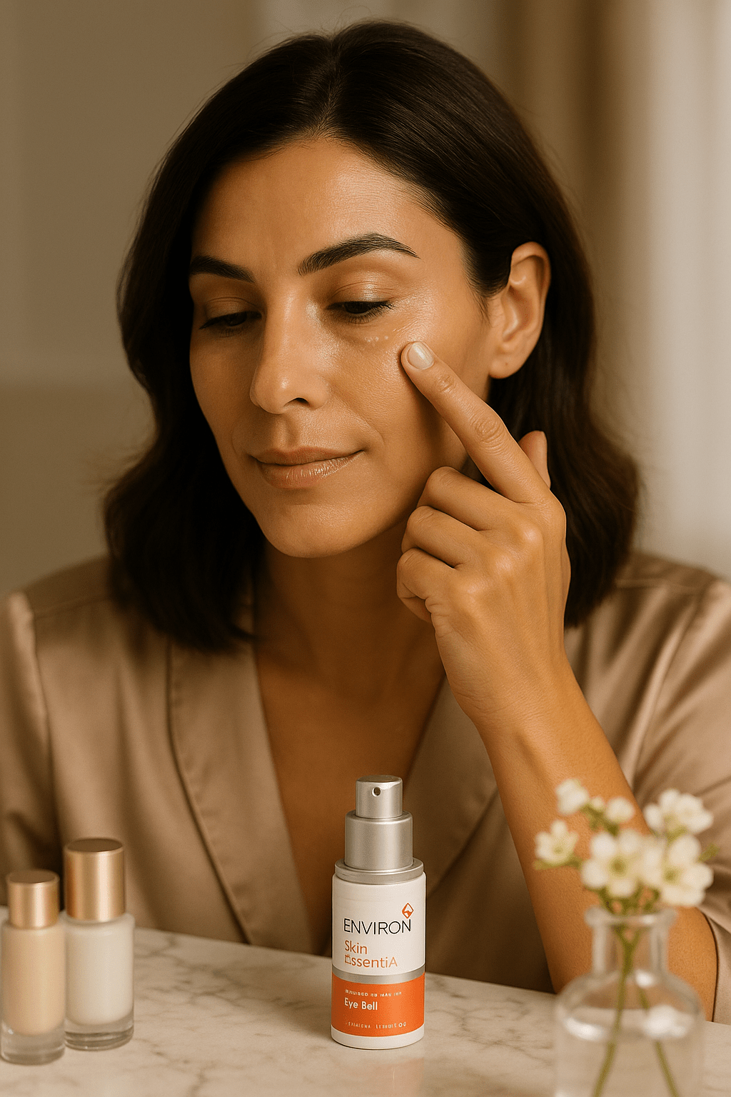 γυναίκα χρησιμοποιεί ορός για τους μαύρους κύκλους στα μάτια της.