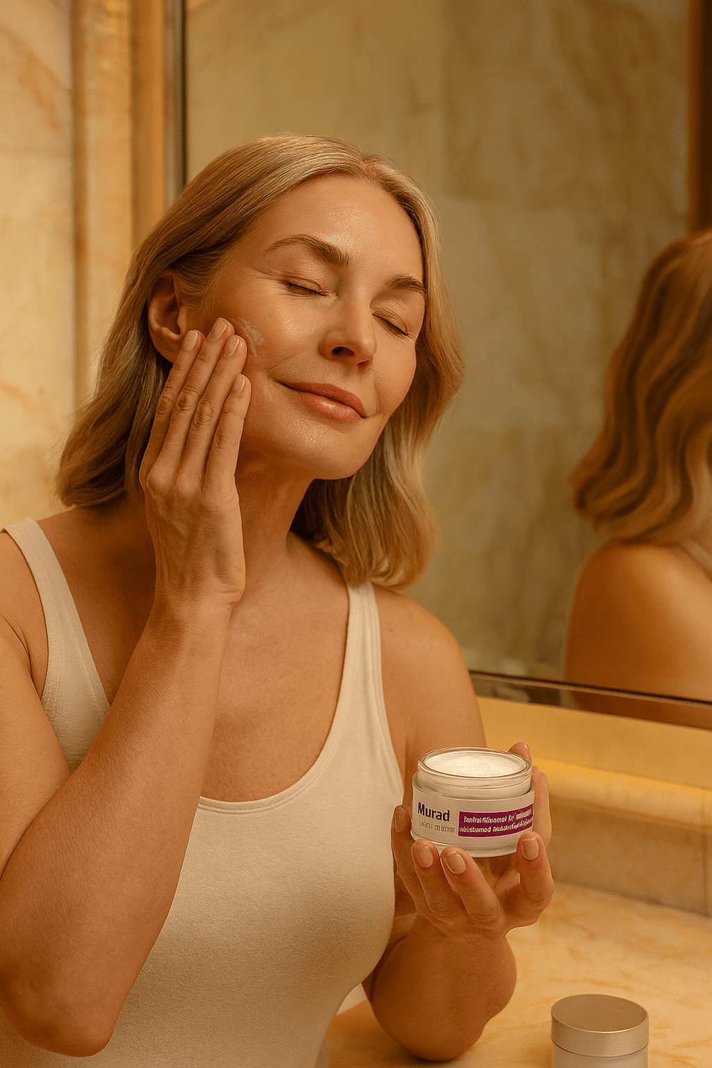 κρέμα για αντιγήρανση φορά γυναίκα μέσης ηλικίας.