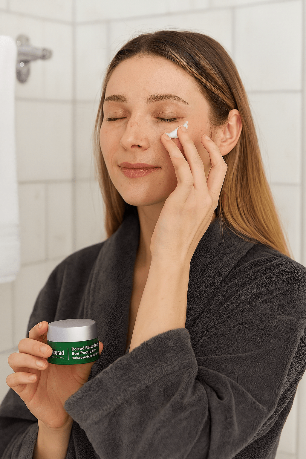 νεαρή γυναίκα βάζει κρέμα για τις ρυτίδες στα μάτια murad.