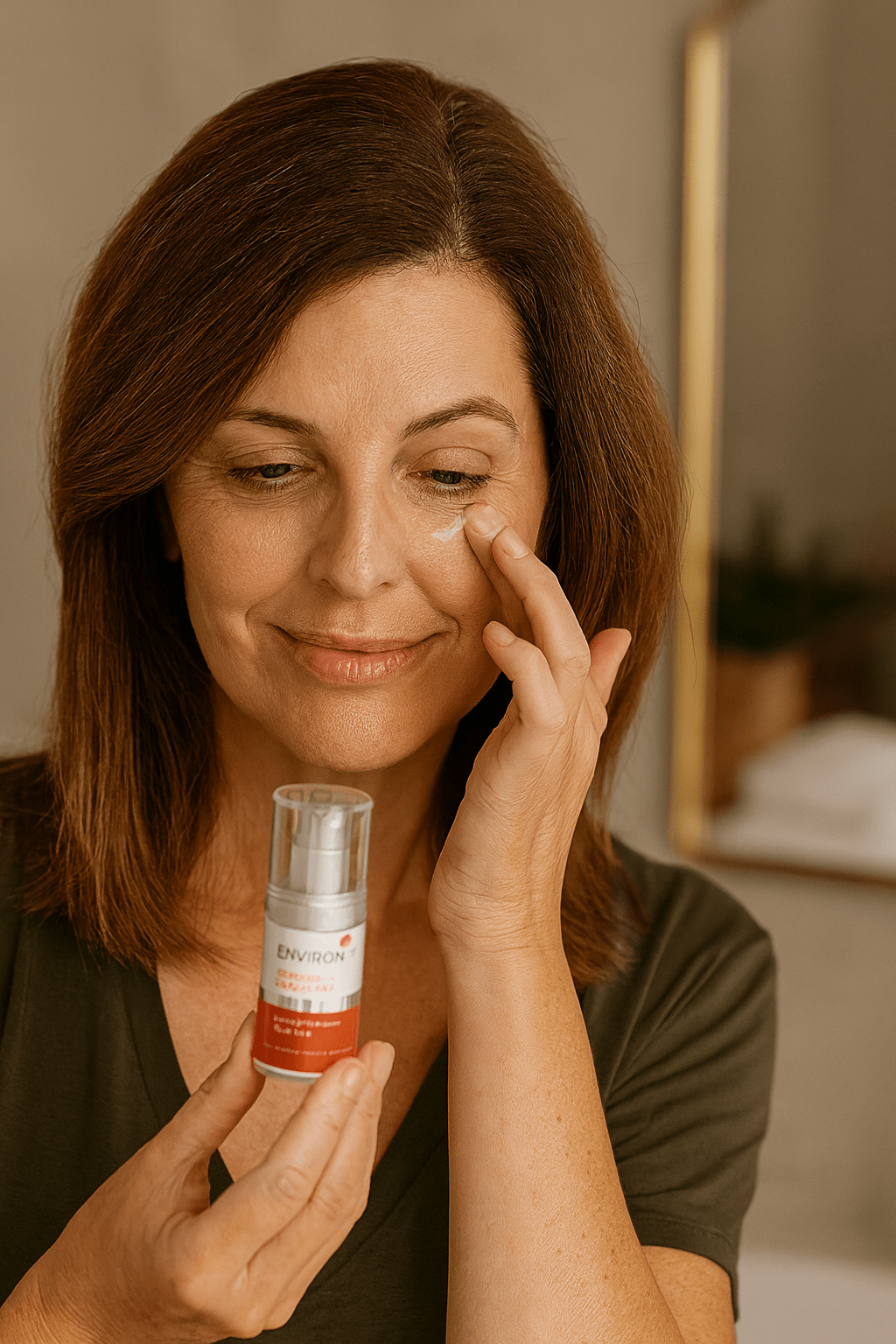 γυναίκα φορά κρέμα ματιών με ρετινόλη.