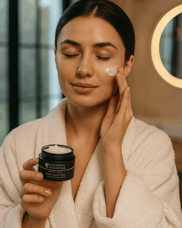 μελαχρινή γυναίκα κάνει την skincare ρουτίνα της το πρωί.