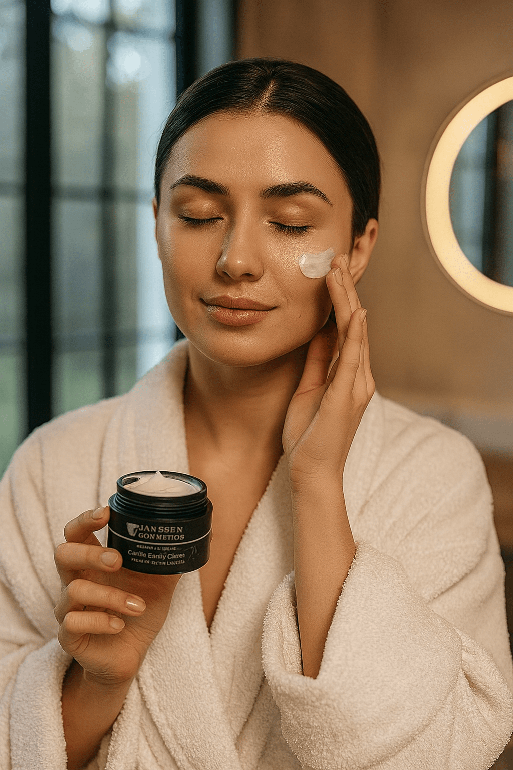 μελαχρινή γυναίκα κάνει την skincare ρουτίνα της το πρωί.