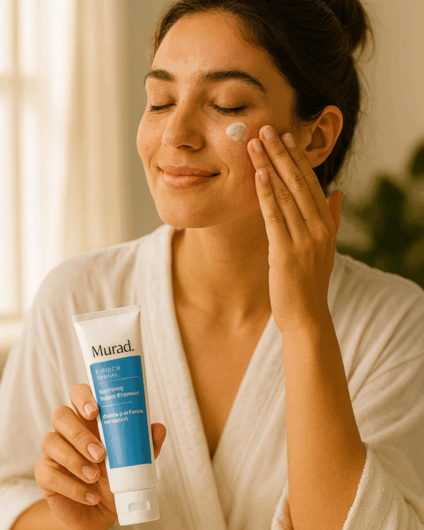 νεαρή κοπέλα βάζει κρέμα για ακμή στο πρόσωπο.