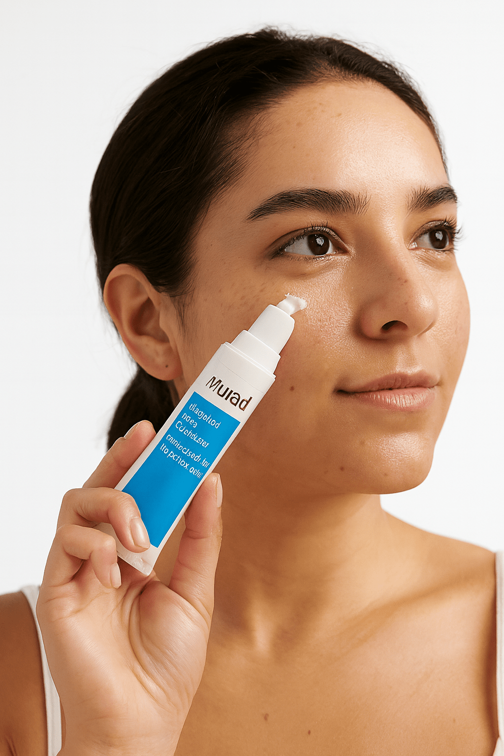 νεαρή κοπέλα με κρέμα της murad για ακμή στο πρόσωπο.