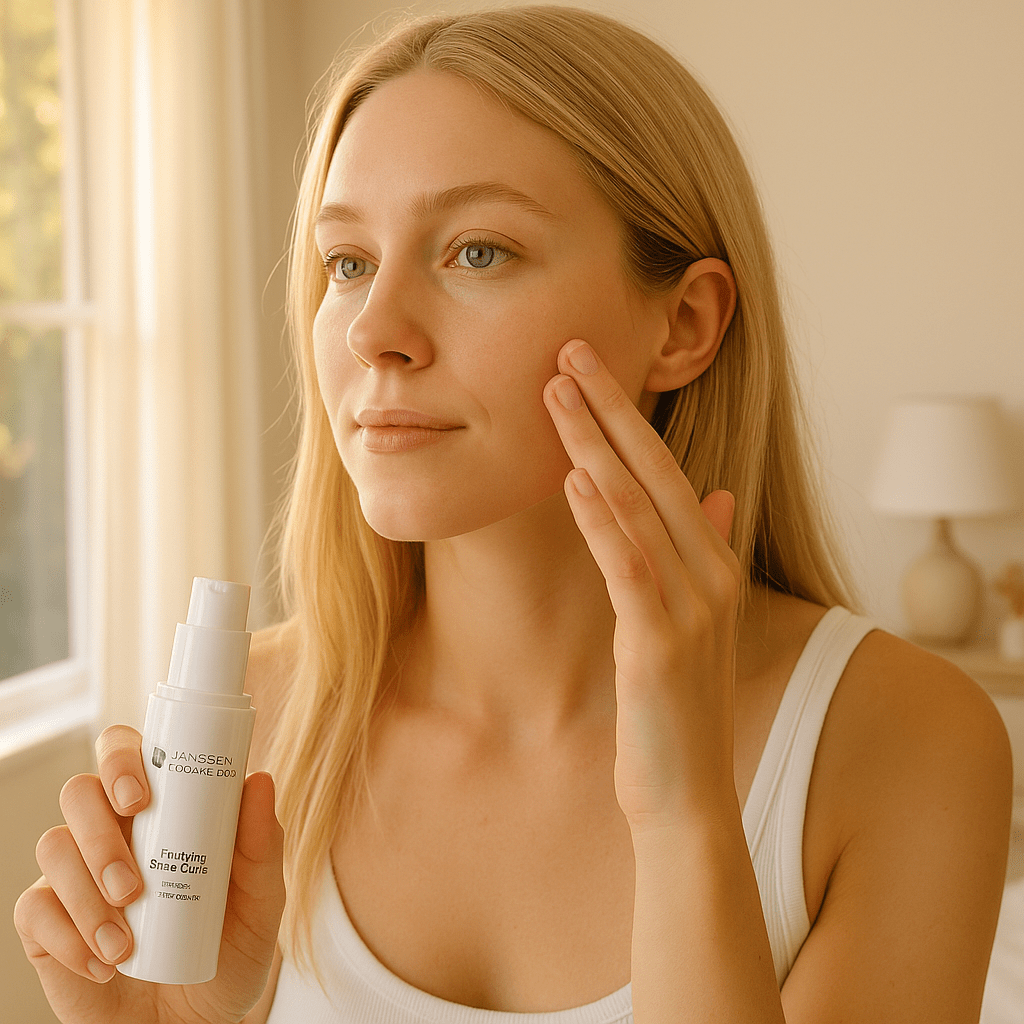 ξανθιά γυναίκα βάζει κρέμα για να φύγει γρήγορα η ακμή.